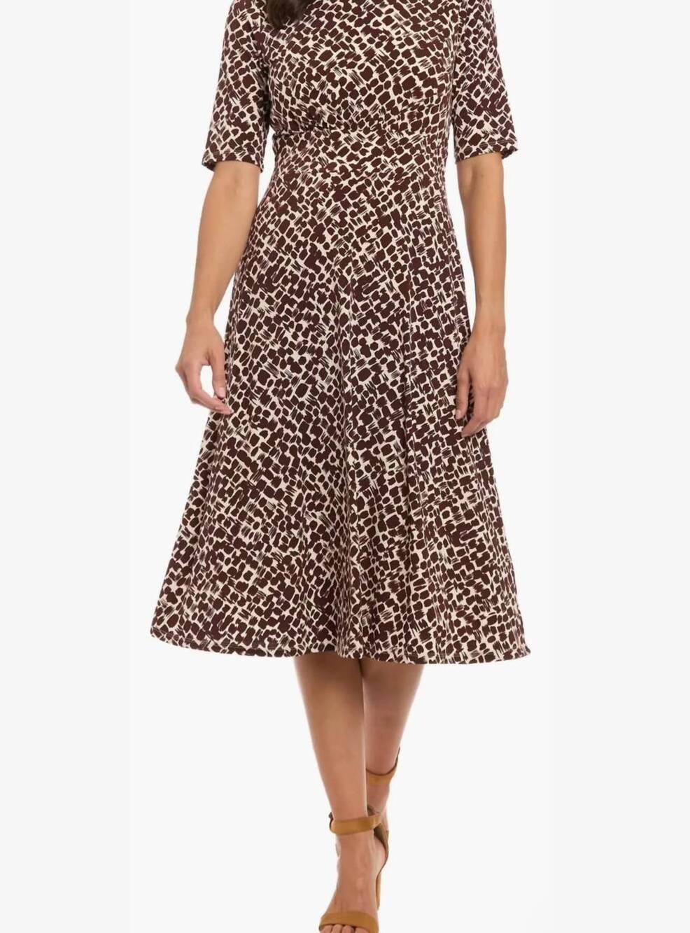 NEW LONDON TIMES multi print a-line midi dress in tan chocolate